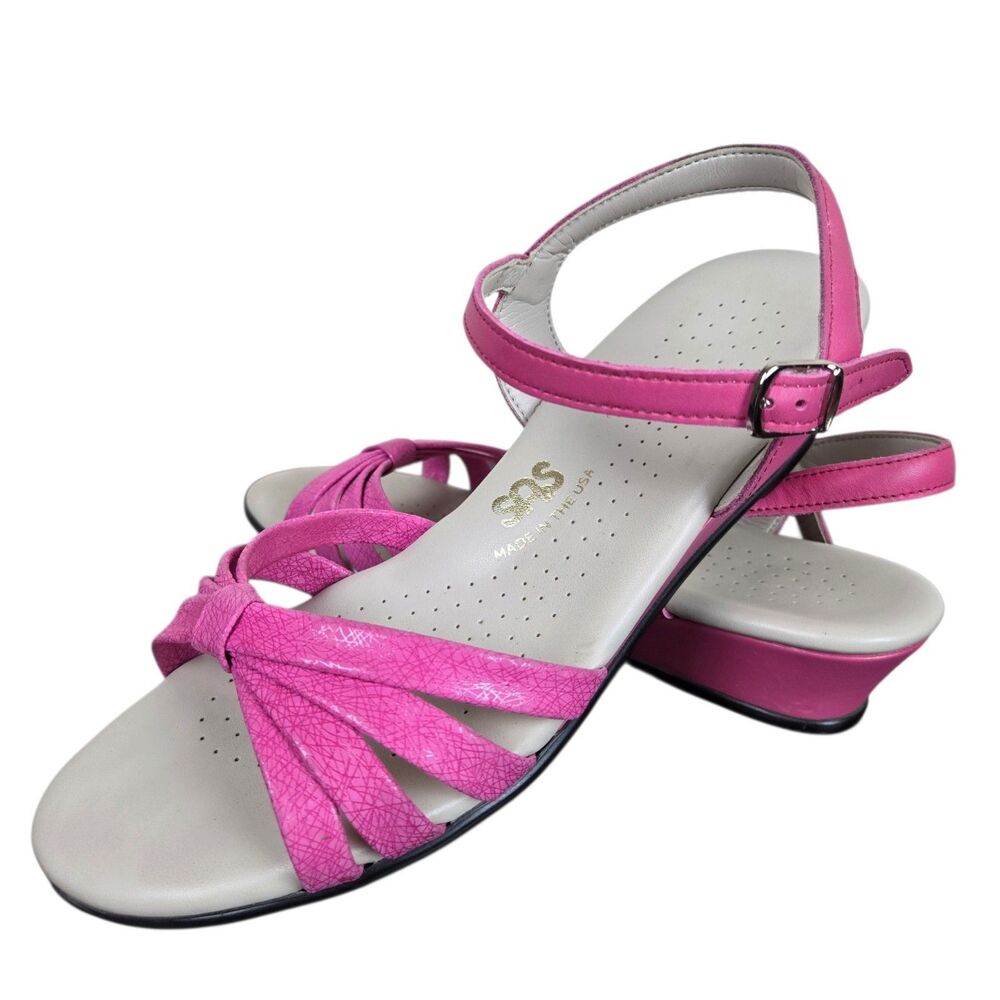 SAS Strippy Quarter Strap Wedge Sandals Sz 10 WW Pink Web Comfort